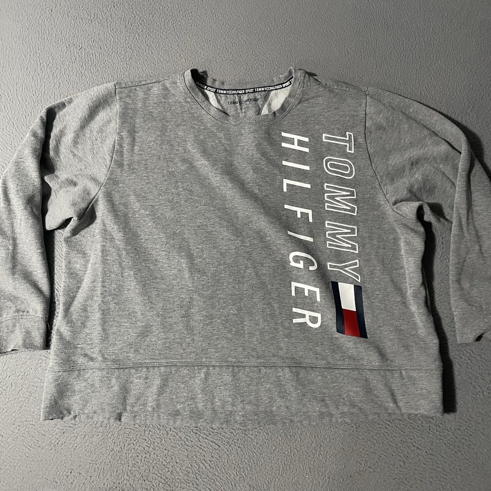 Tommy Hilfiger Denim Sweatshirt Womens  Large Spellout Gray‎ Cropped Sweater